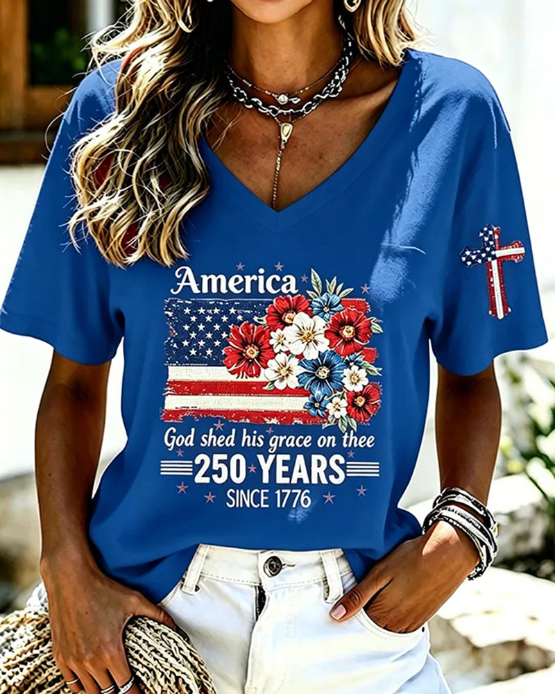 Women'S America Flower Print Printed T-Shirt