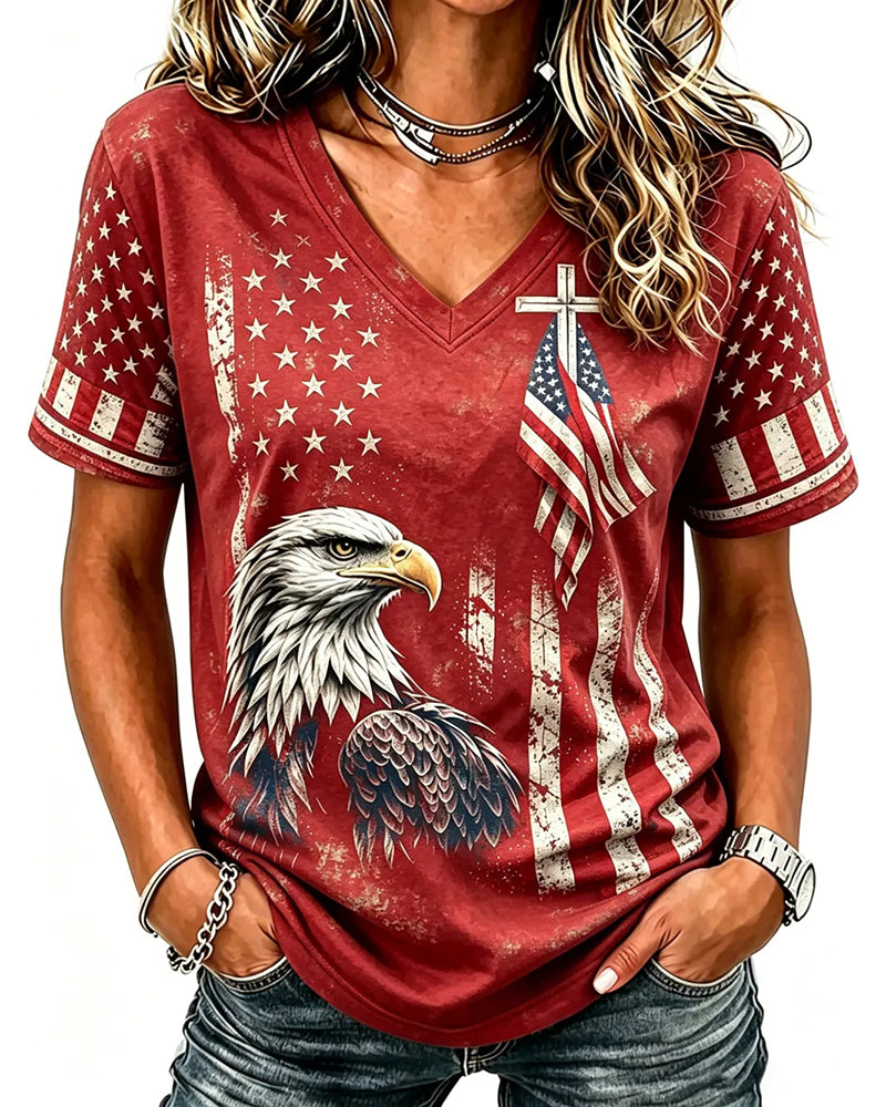 American Cross Flag Commemorative Print V-Neck Top