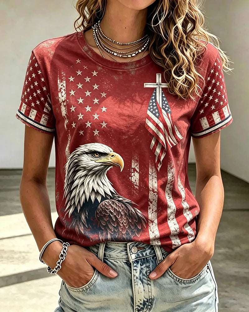 American Cross Flag Eagle Commemorative Print Round Neck Top