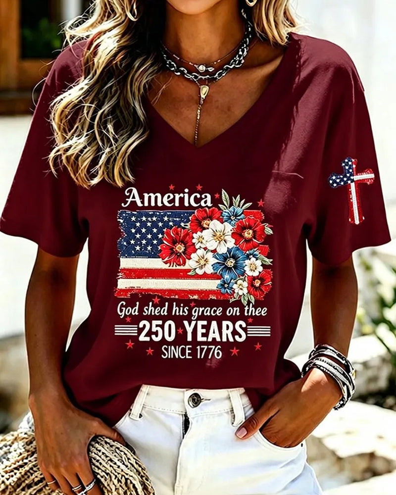 Women'S America Flower Print Printed T-Shirt