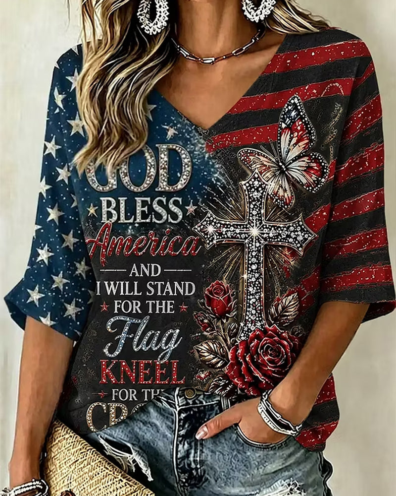 Women's Anniversary Independence Day Print Three Quarter Sleeves T-shirt