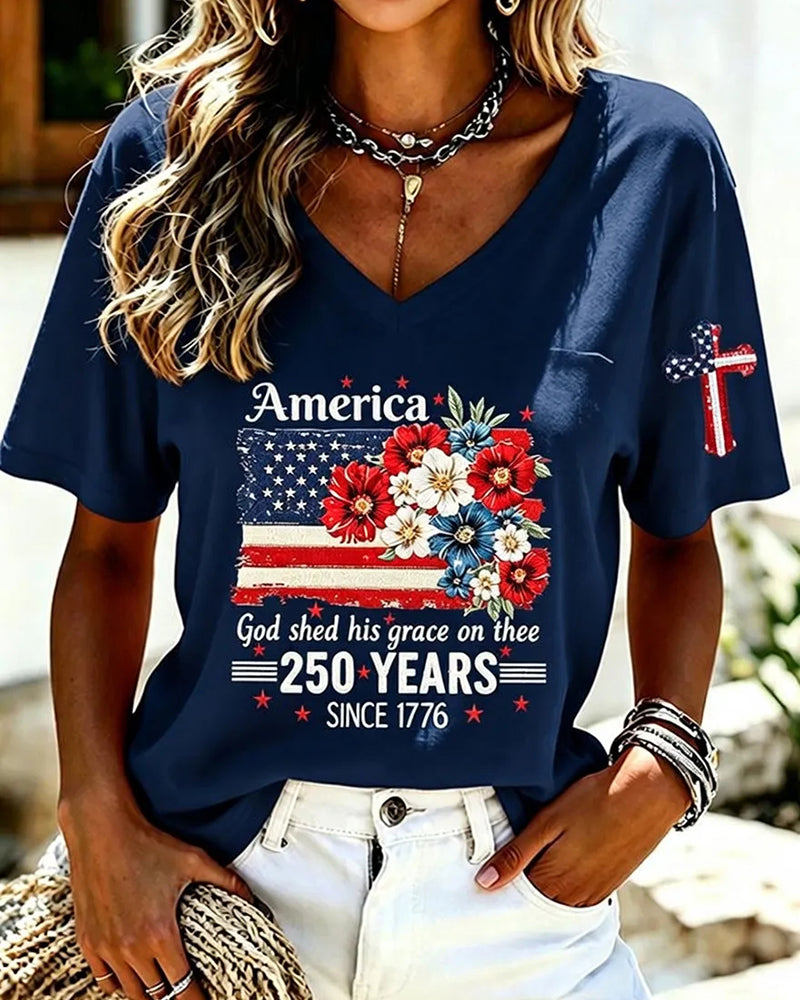 Women'S America Flower Print Printed T-Shirt