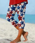 White Bottom Red And Blue Five-pointed Star Sequin Printed Stretch Cropped Tights