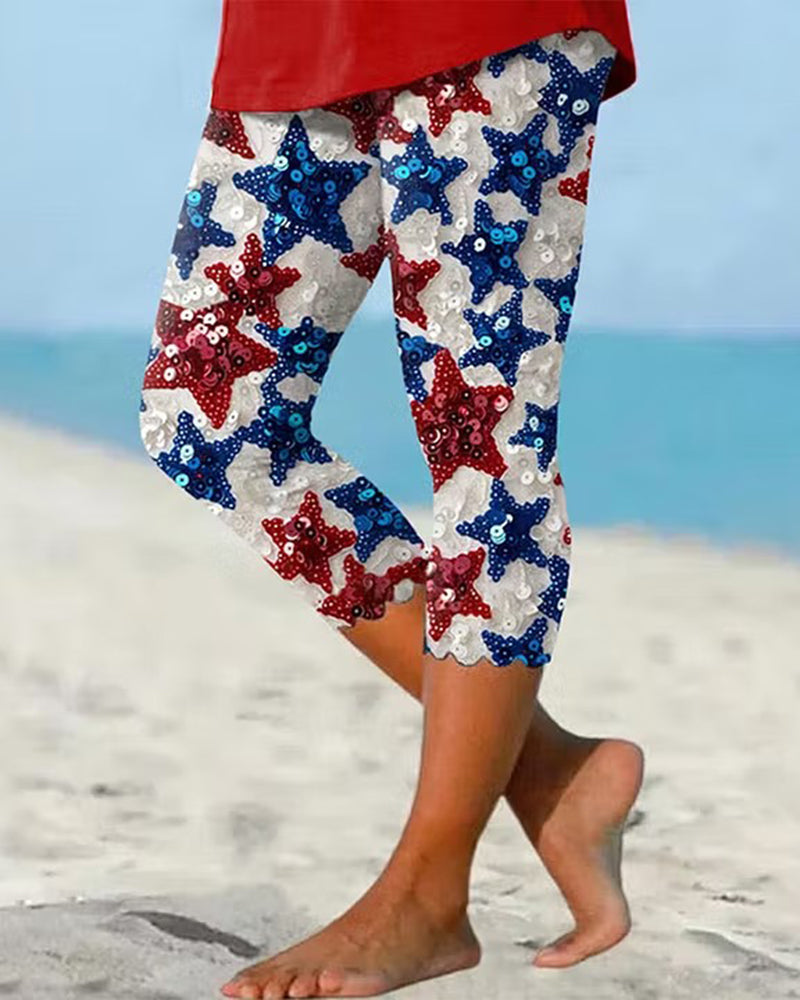 White Bottom Red And Blue Five-pointed Star Sequin Printed Stretch Cropped Tights