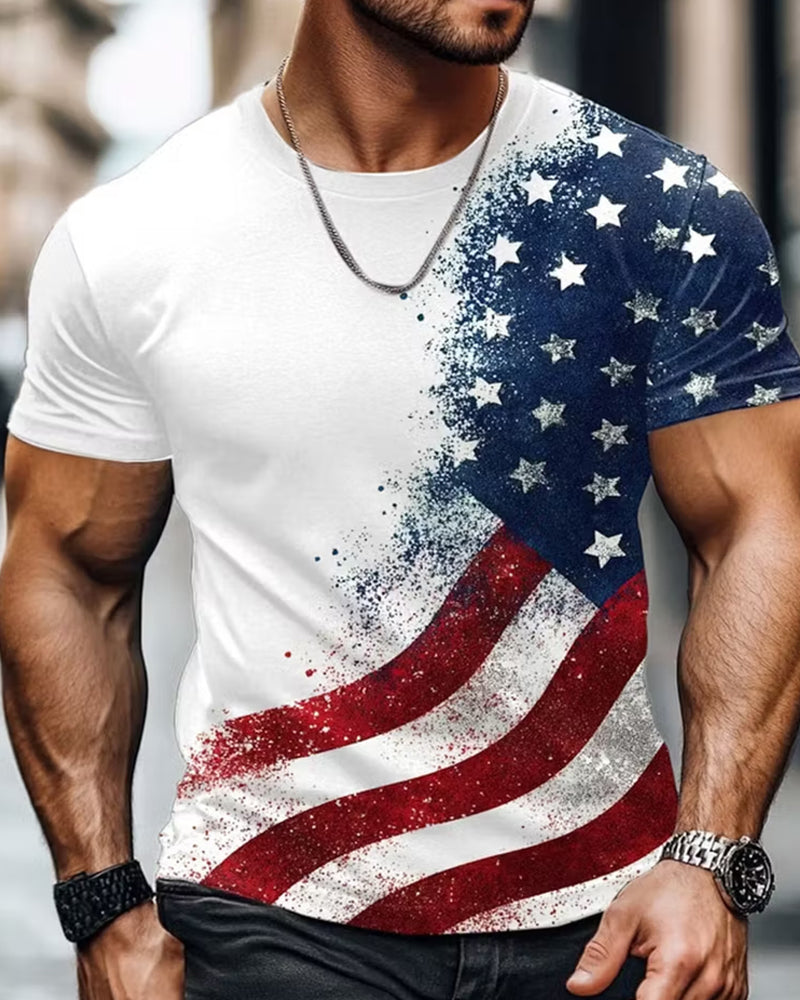 Splash Ink Gradient American Flag Star Stripe Print Men's T-Shirt