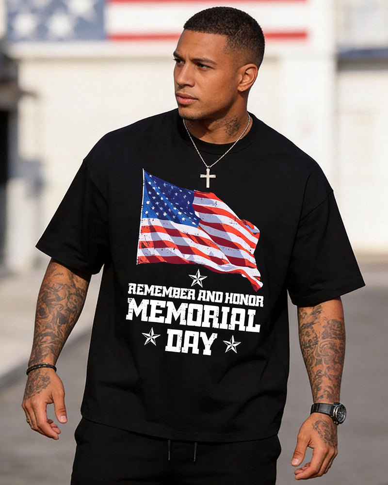 United States Memorial Day Remember And Honor United States Flag Printed Round Neck Short-Sleeve T-Shirt