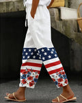 Stars And Stripes Patchwork Floral-Print Cropped Casual Pants
