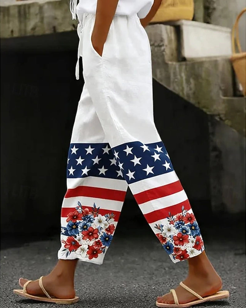 Stars And Stripes Patchwork Floral-Print Cropped Casual Pants