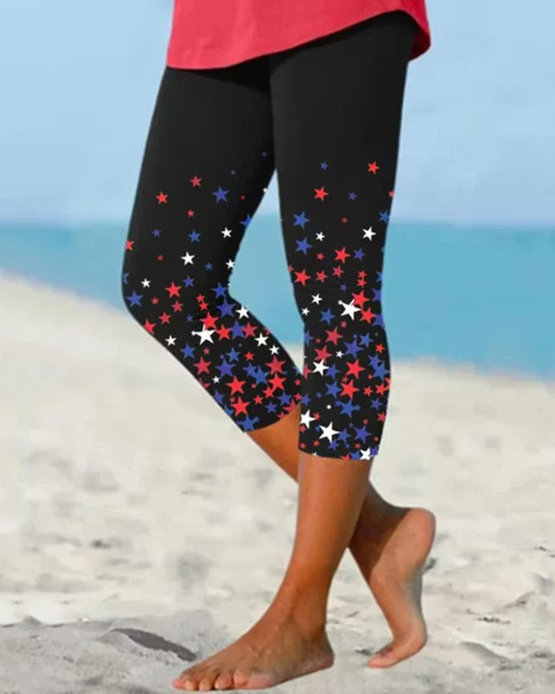 Gradient Red Blue White Star Printed Stretch Cropped Pants Skinny Pants