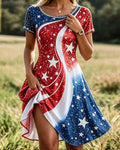 Glitter Gradient Star Contrast Round Neck Irregular Hem Dress