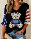 USA Bear Rhinestone Stars And Stripes Color Contrast Seven-Sleeve V-Neck T-Shirt