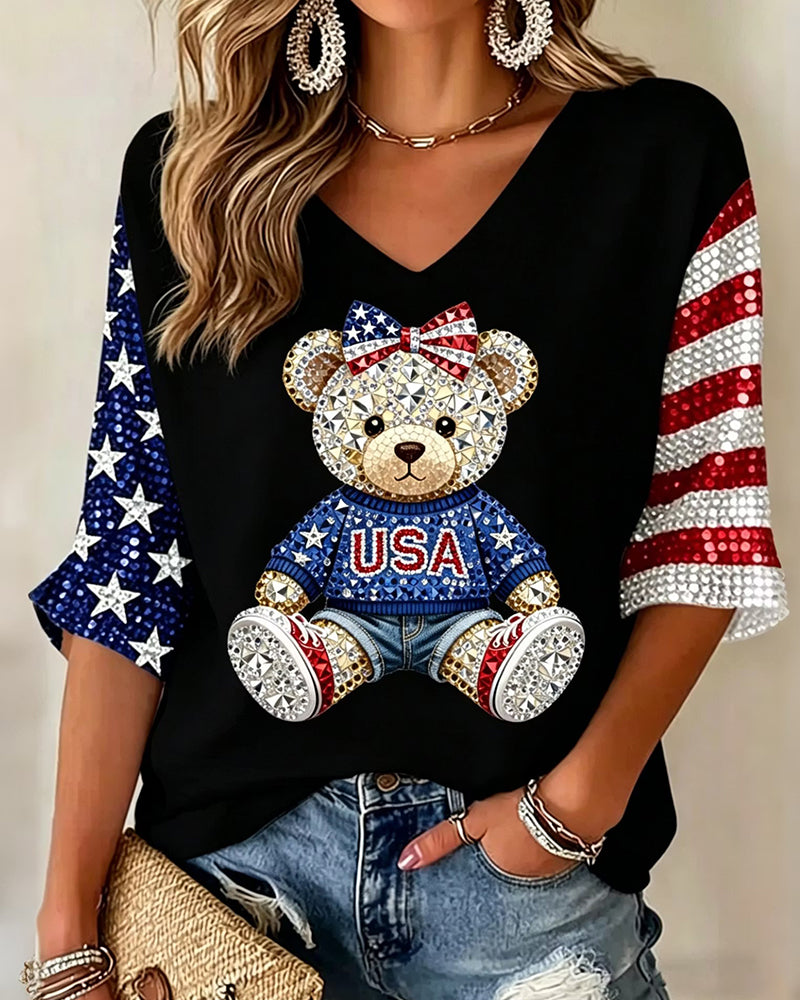 USA Bear Rhinestone Stars And Stripes Color Contrast Seven-Sleeve V-Neck T-Shirt