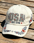 Off-white Background USA Floral Foliage 1776 Embroidery Vintage Washed Baseball Cap