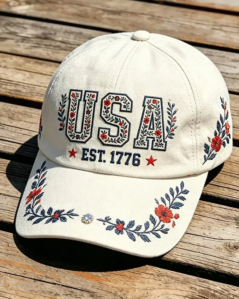 Off-white Background USA Floral Foliage 1776 Embroidery Vintage Washed Baseball Cap