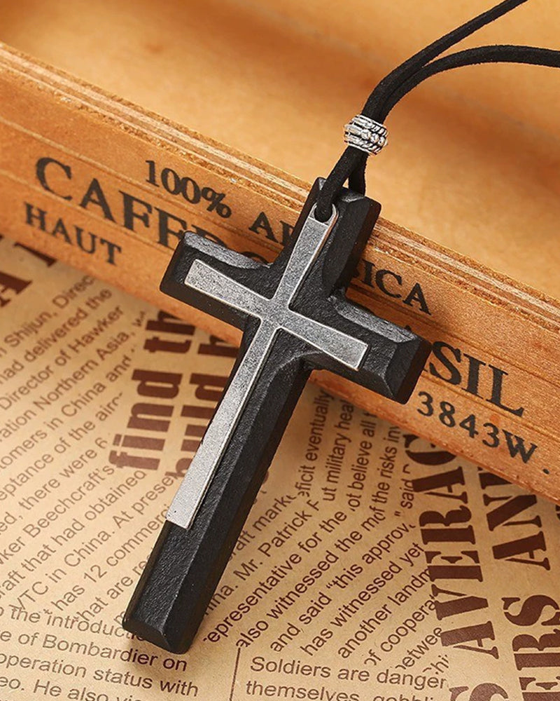 Vintage Handmade Double Layer Alloy Wood Cross Couple Necklace Car Hanging Accessories