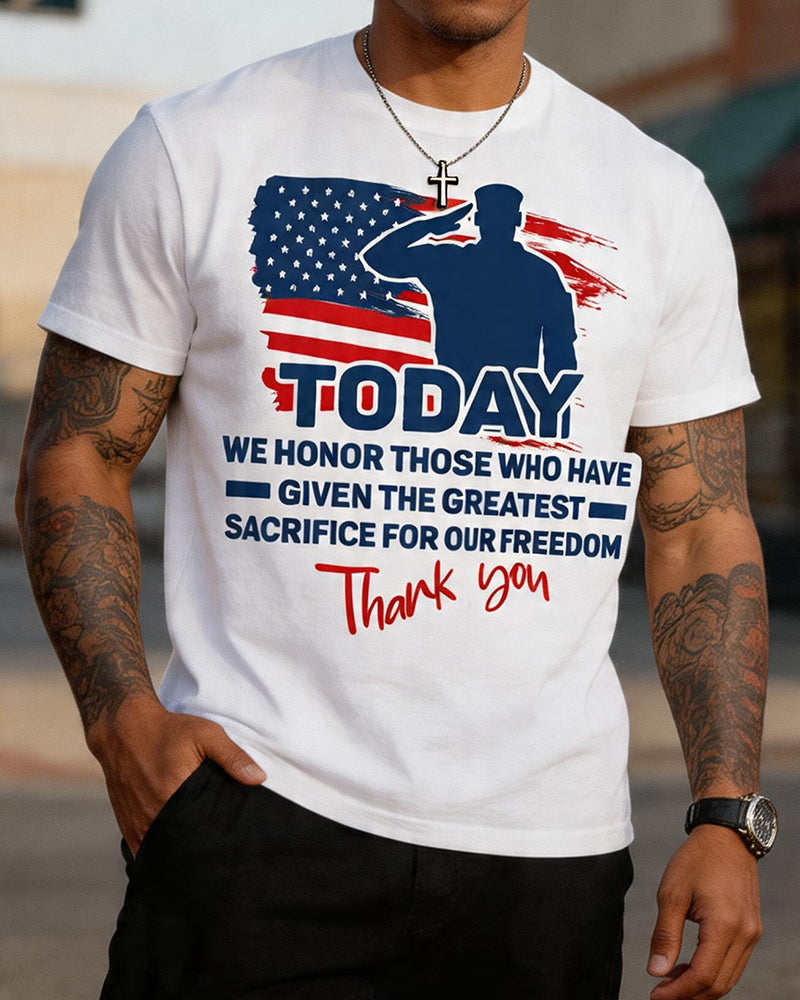 U.S. Memorial Day Cross Flag Soldier Silhouette Printed Crewneck Short-Sleeve T-Shirt
