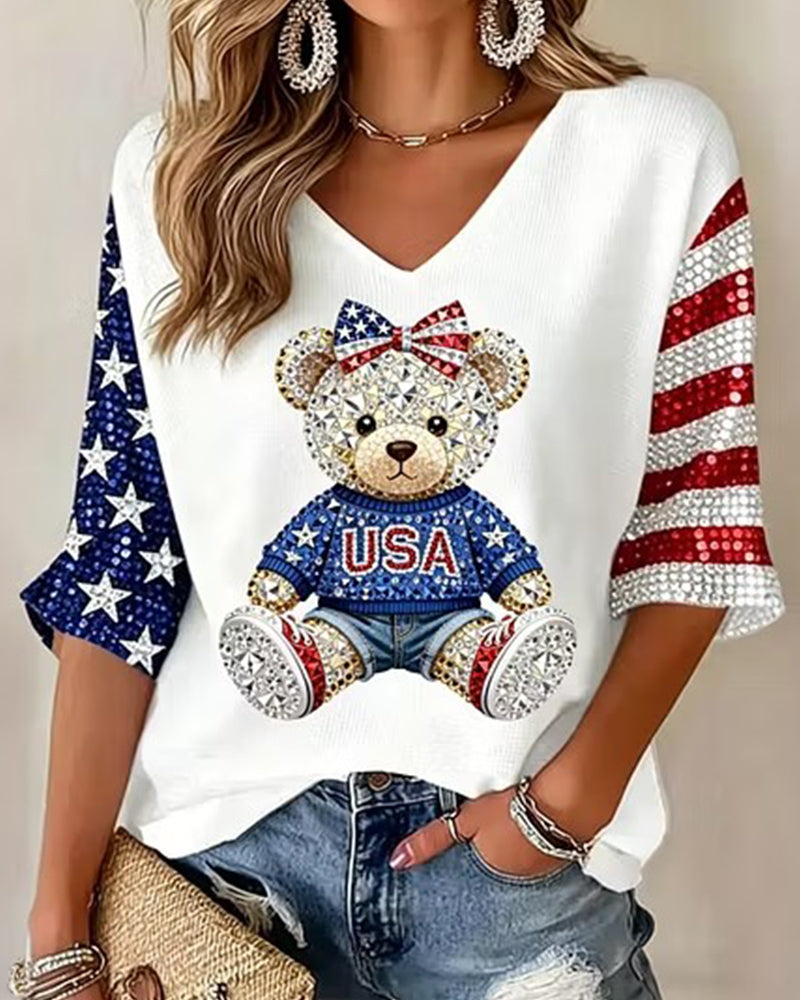 USA Bear Rhinestone Stars And Stripes Color Contrast Seven-Sleeve V-Neck T-Shirt