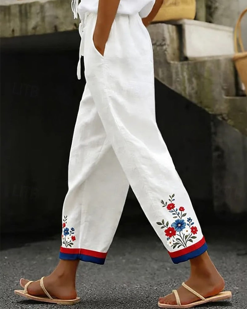 Red And Blue Floral Contrast Print Cropped Pants