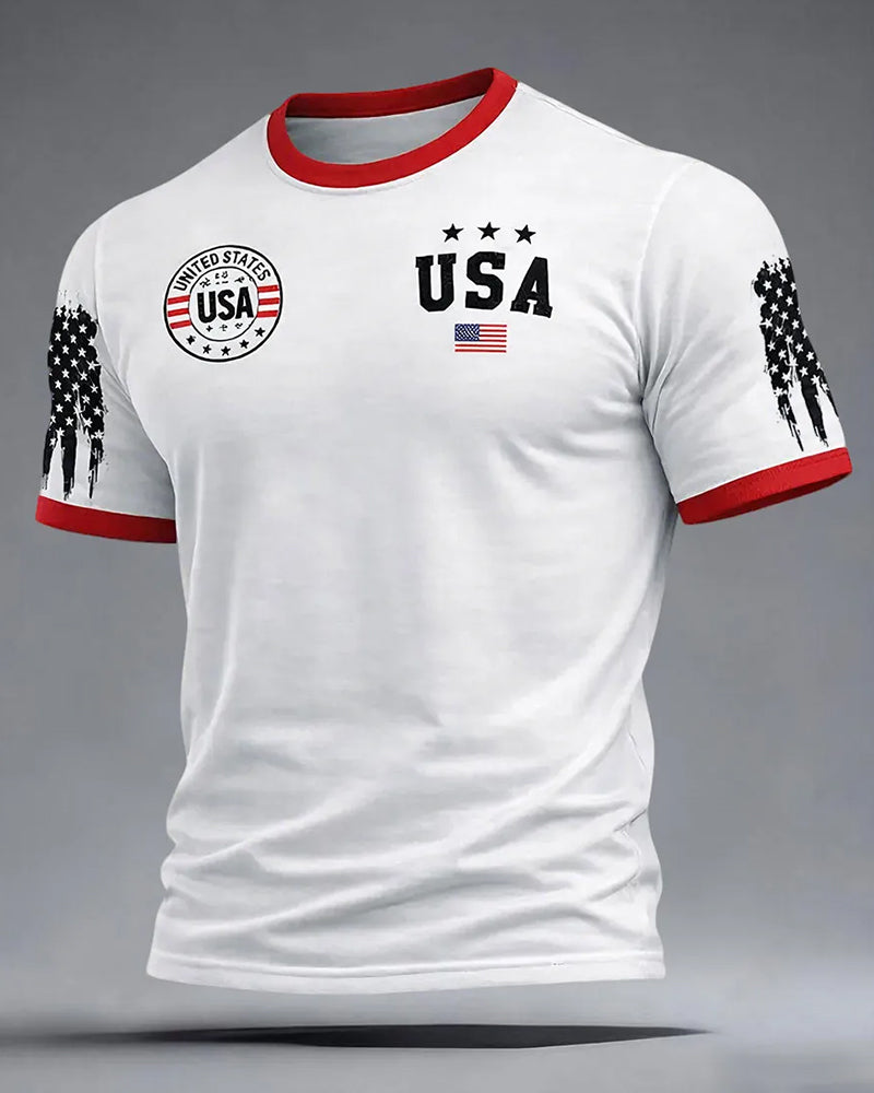 American Style Splash Ink Star Sleeve USA Badge Color Contrast Short Sleeve T-shirt