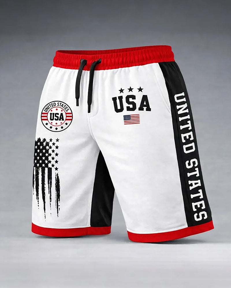 American Style Splash Ink Star Sleeve USA Badge Contrast Side Stitching Casual Shorts