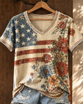 Vintage Grinding White Flag Watercolor Floral V-Neck Short Sleeve Top