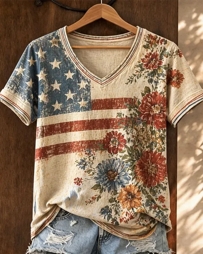 Vintage Grinding White Flag Watercolor Floral V-Neck Short Sleeve Top