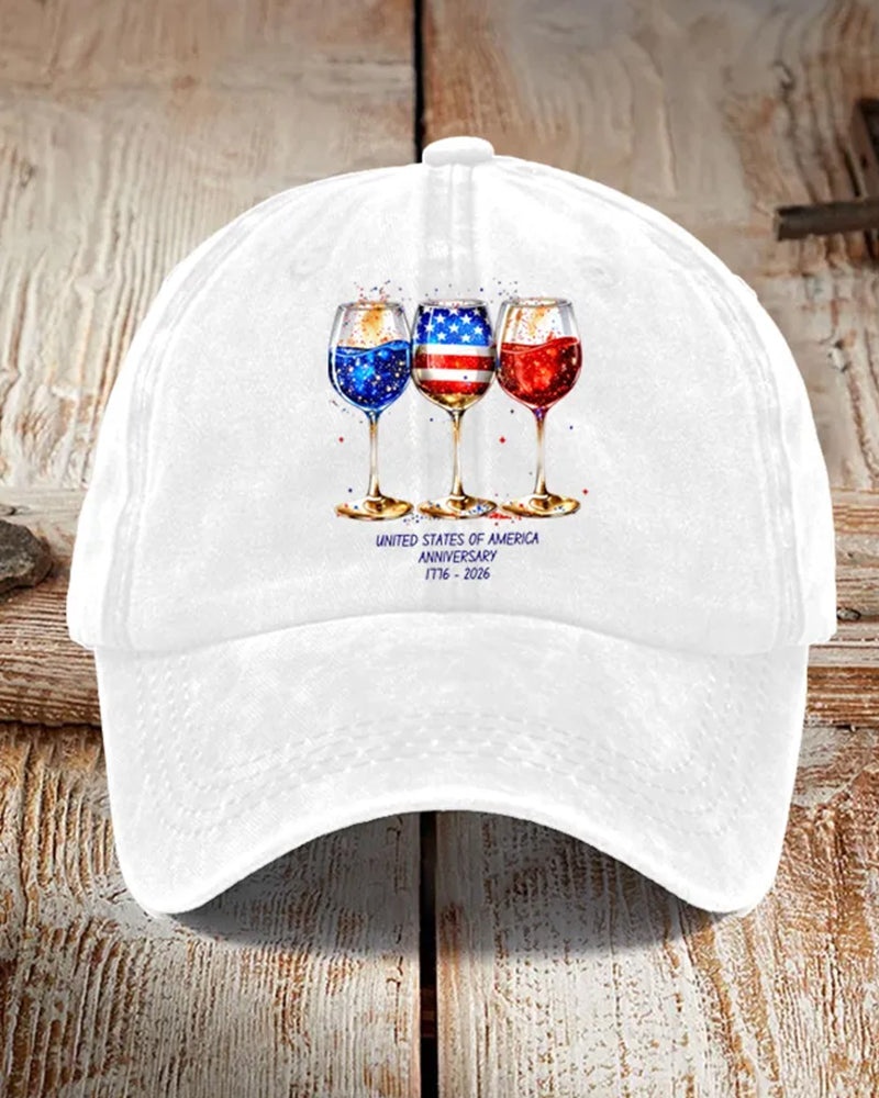 U.S. Flag Wine Glass 1776-2026 Commemorative Printed Baseball Cap
