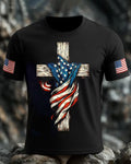 Wooden Cross Wrapped American Flag Stressed Print Men's Short Sleeve T-Shirt