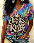 Colorful Glitter Crown JESUS IS KING Cross Printed V-Neck Short Sleeve T-Shirt