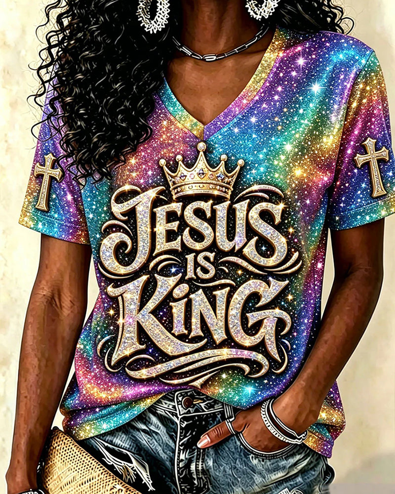 Colorful Glitter Crown JESUS IS KING Cross Printed V-Neck Short Sleeve T-Shirt