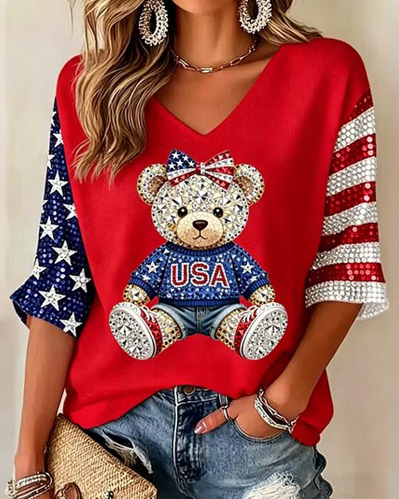 USA Bear Rhinestone Stars And Stripes Color Contrast Seven-Sleeve V-Neck T-Shirt
