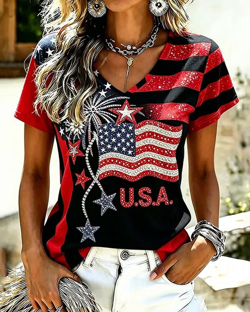 Flag Fireworks USA Letter Glitter Printed V-Neck Contrast Short Sleeve Tee