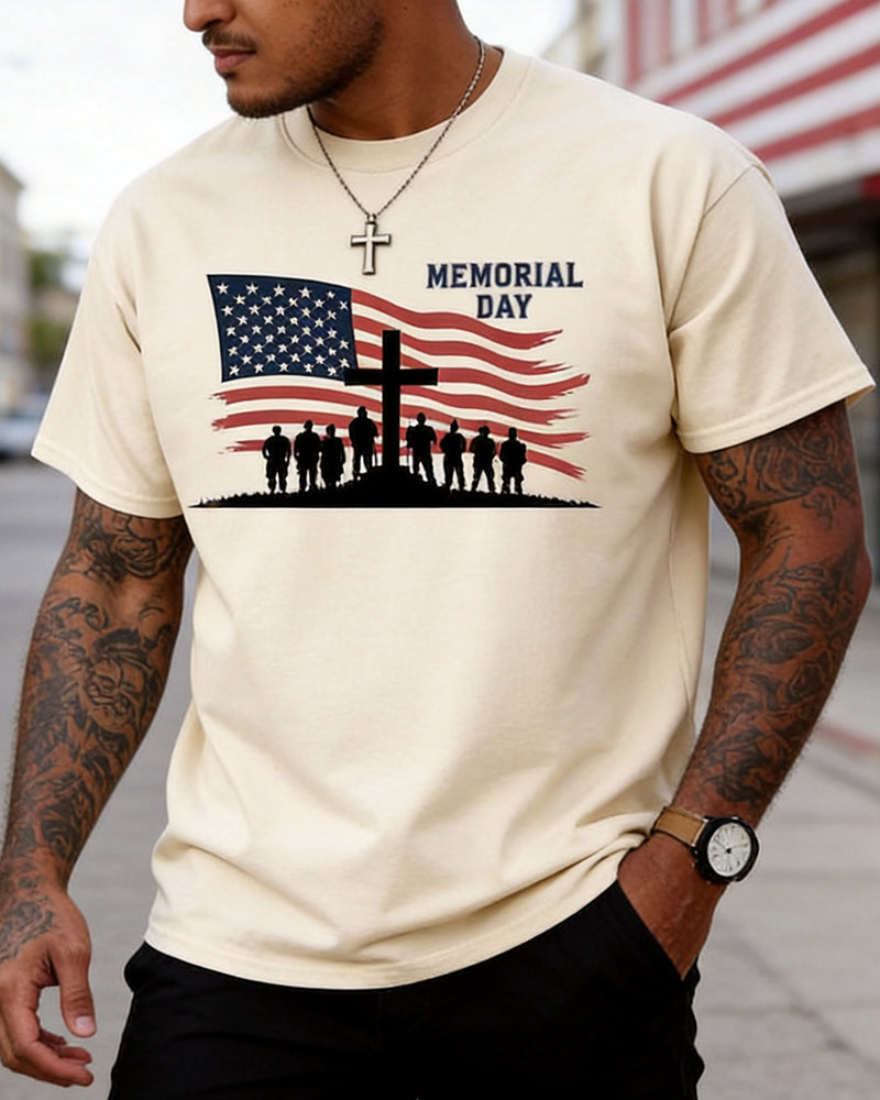 U.S. Memorial Day Cross Flag Soldier Silhouette Printed Crewneck Short-Sleeve T-Shirt