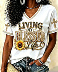 LIVING MY BLESSED LIFE Sunflower Cross V-Neck Short Sleeve T-Shirt