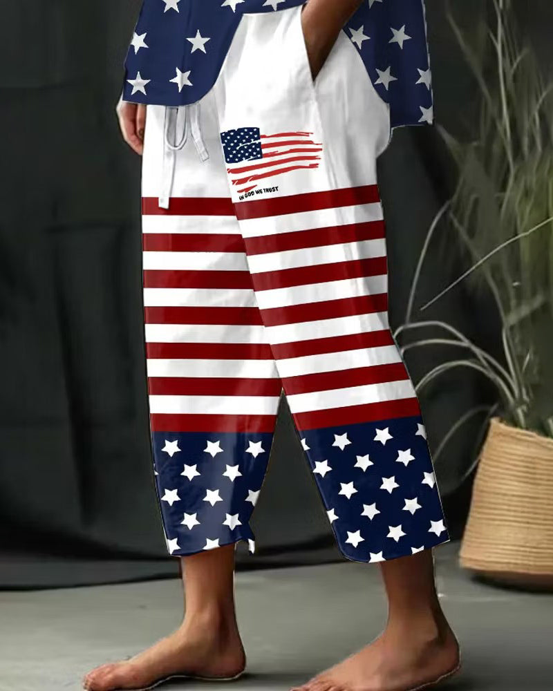 Up And Down Stitching Stars And Stripes Printed Cropped Pants