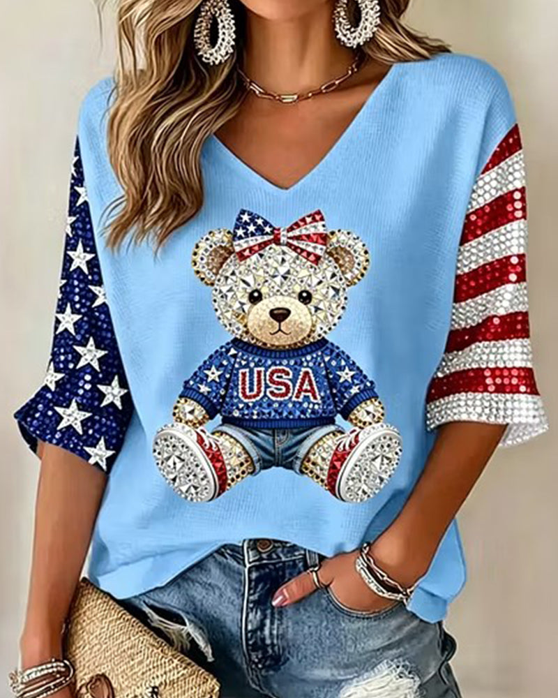 USA Bear Rhinestone Stars And Stripes Color Contrast Seven-Sleeve V-Neck T-Shirt