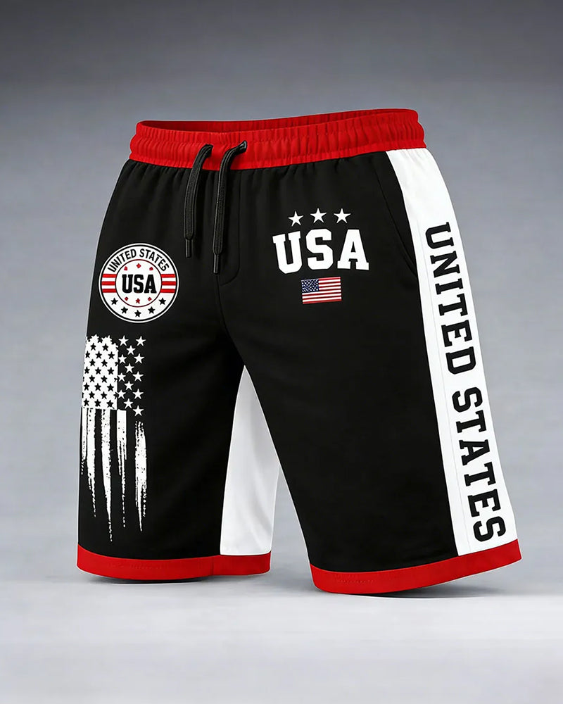 American Style Splash Ink Star Sleeve USA Badge Contrast Side Stitching Casual Shorts