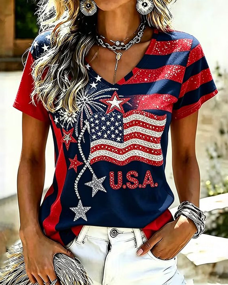 Flag Fireworks USA Letter Glitter Printed V-Neck Contrast Short Sleeve Tee