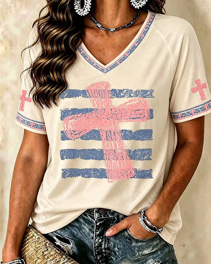 Striped Pink Cross-print V-neck Short-sleeve T-shirt