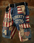 1776 LIBERTY Stars And Stripes Distressed Stitched Workwear Denim Shorts