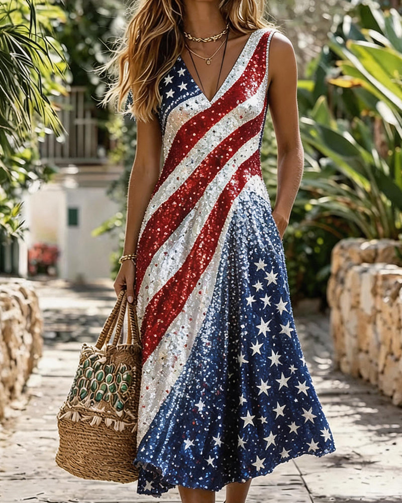 Sequin Inclined Star-Spangled Printed V-Neck Sleeveless Vacation Dress