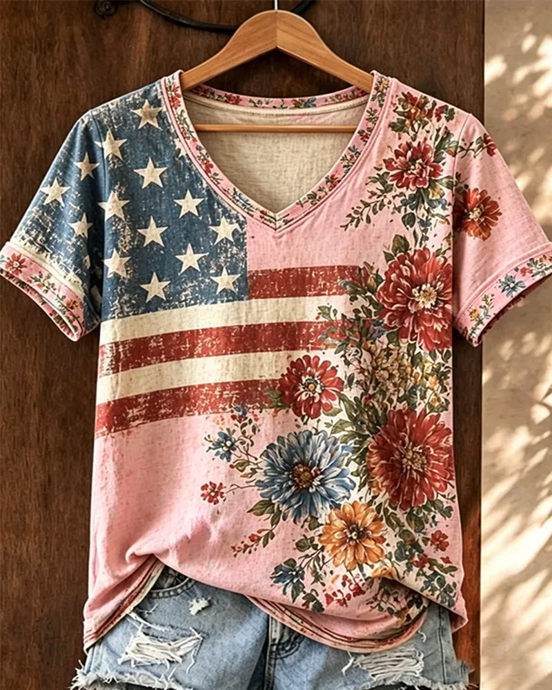 Vintage Grinding White Flag Watercolor Floral V-Neck Short Sleeve Top