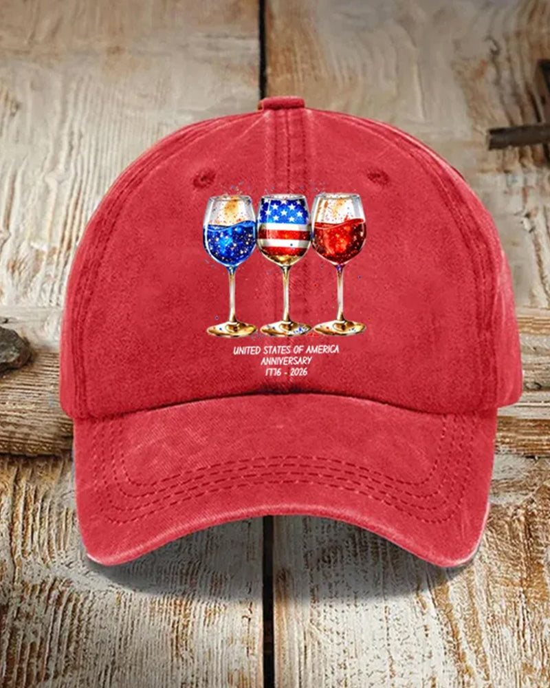 U.S. Flag Wine Glass 1776-2026 Commemorative Printed Baseball Cap