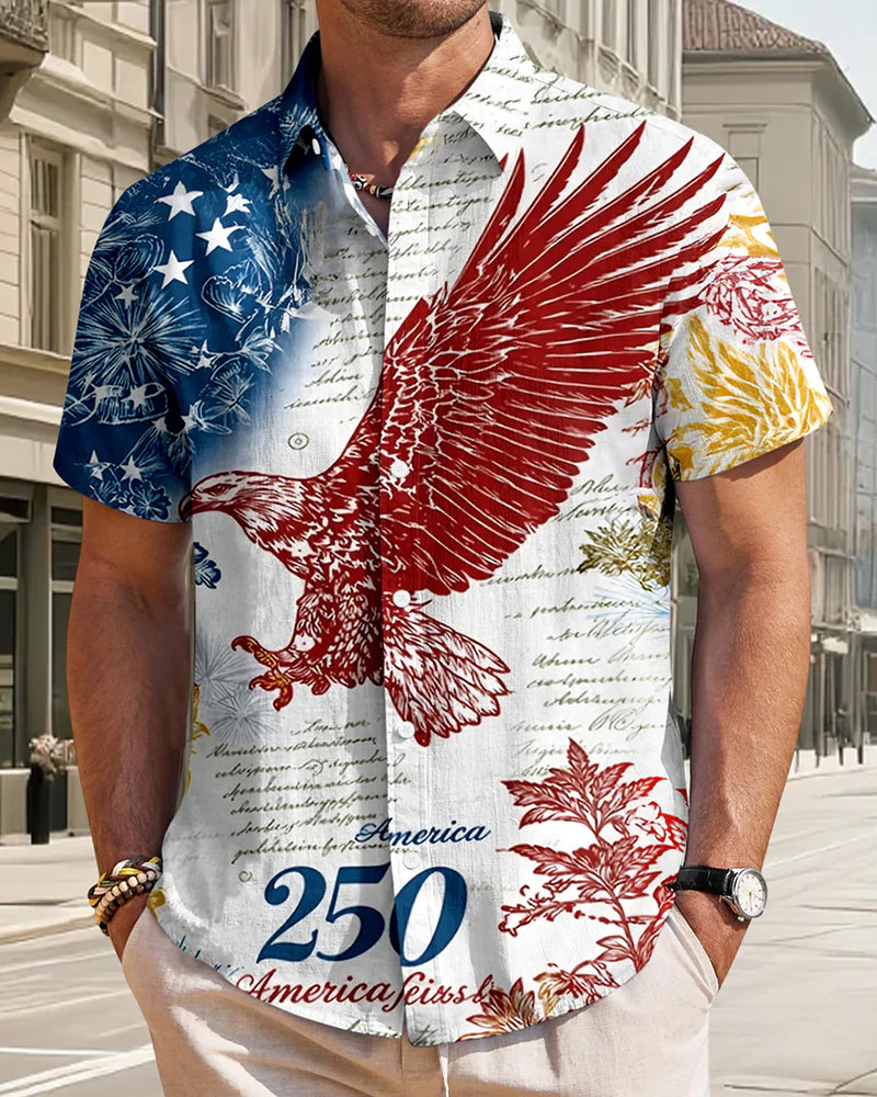 American 250 Anniversary Red Eagle Vintage Manuscript Print Short Sleeve Shirt