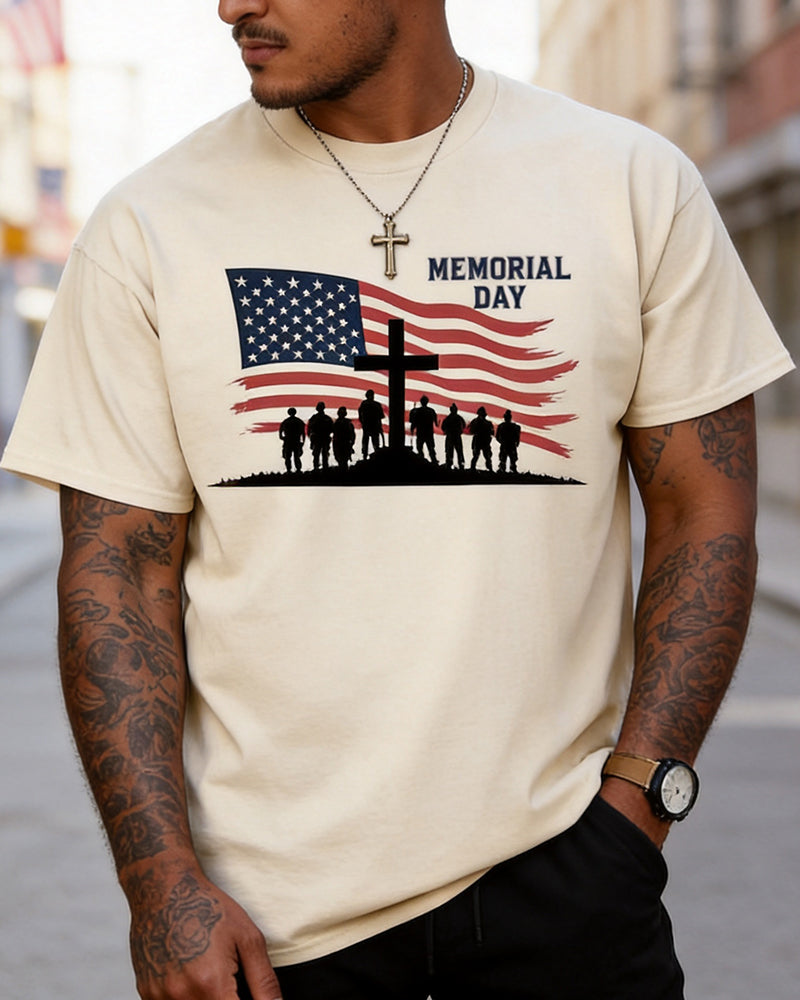 U.S. Memorial Day Cross Flag Soldier Silhouette Printed Crewneck Short-Sleeve T-Shirt
