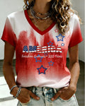 Red And White Gradient AMERICA Letter Star-Print V-Neck Casual Top