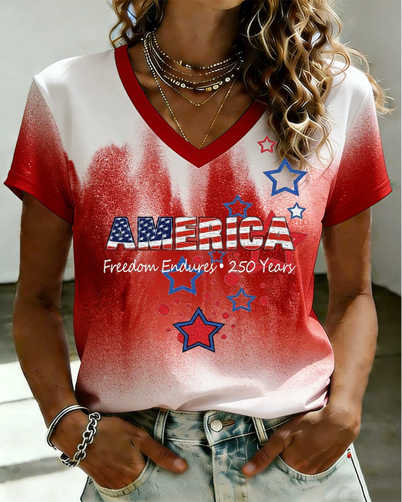 Red And White Gradient AMERICA Letter Star-Print V-Neck Casual Top