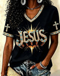 JESUS Radial Font Cross Diamond Print V-Neck Short Sleeve Tee
