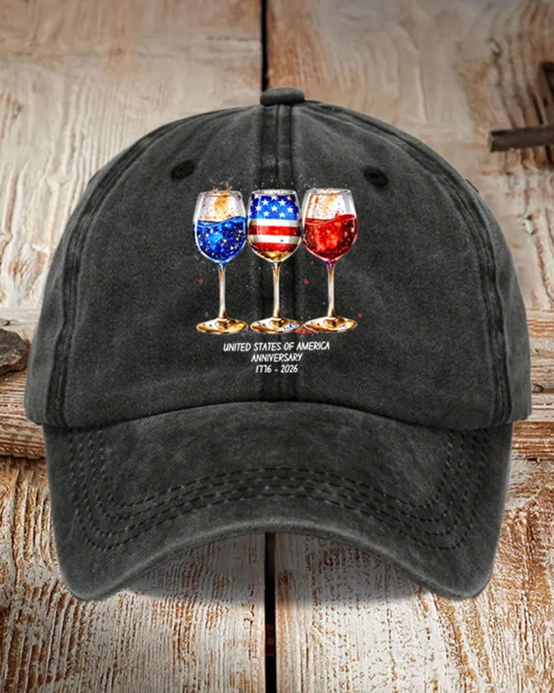 U.S. Flag Wine Glass 1776-2026 Commemorative Printed Baseball Cap