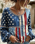 Vintage Distressed Stars And Stripes Stitching Lace Round Neck Lantern Sleeve Top